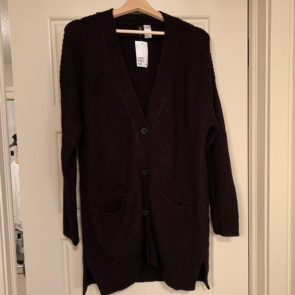 NWT H&M Long Black Knit Cardigan with Pockets Size Large - Picture 1 of 5